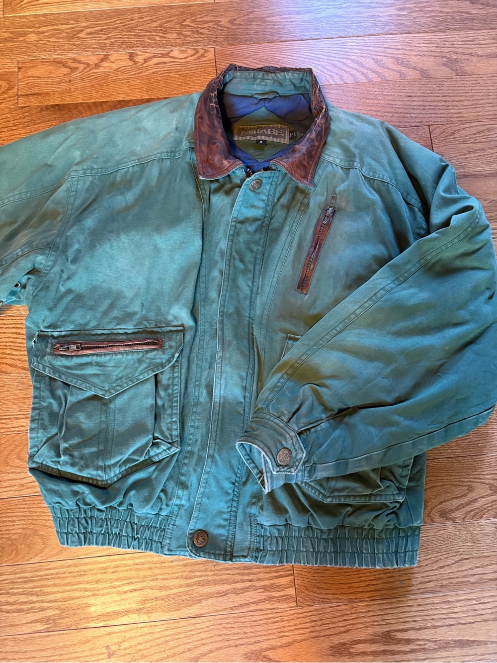 Y2K Green Bomber Jacket with Brown Leather Collar